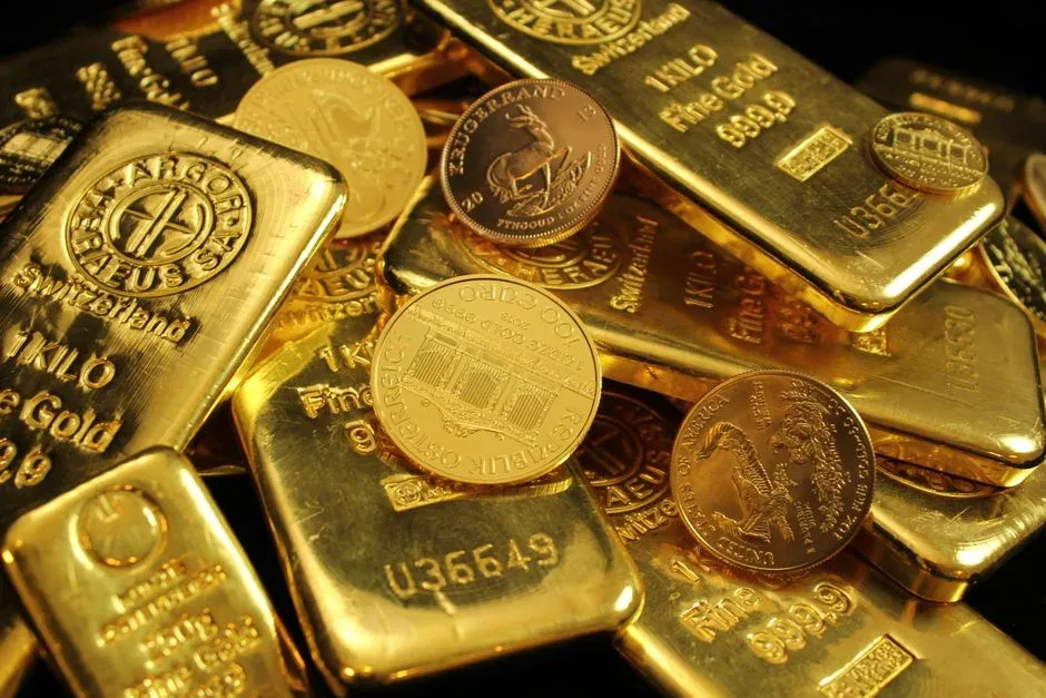 Gold bullion bars and gold coins