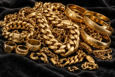 Heavy Cuban-link chains, bangles and mixed gold jewelry piled on black velvet