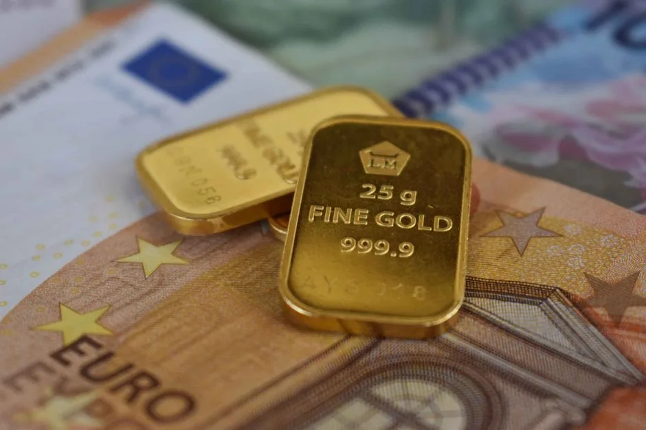 Two gold-colored bars marked with weight and fineness on euro banknotes