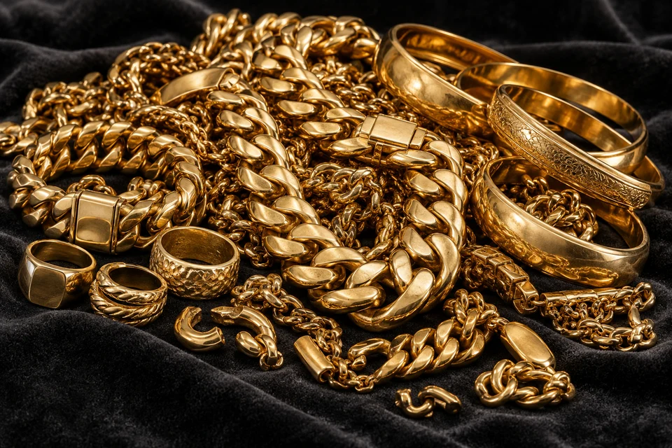 Heavy Cuban chains, gold bracelets, rings, and scrap gold jewelry