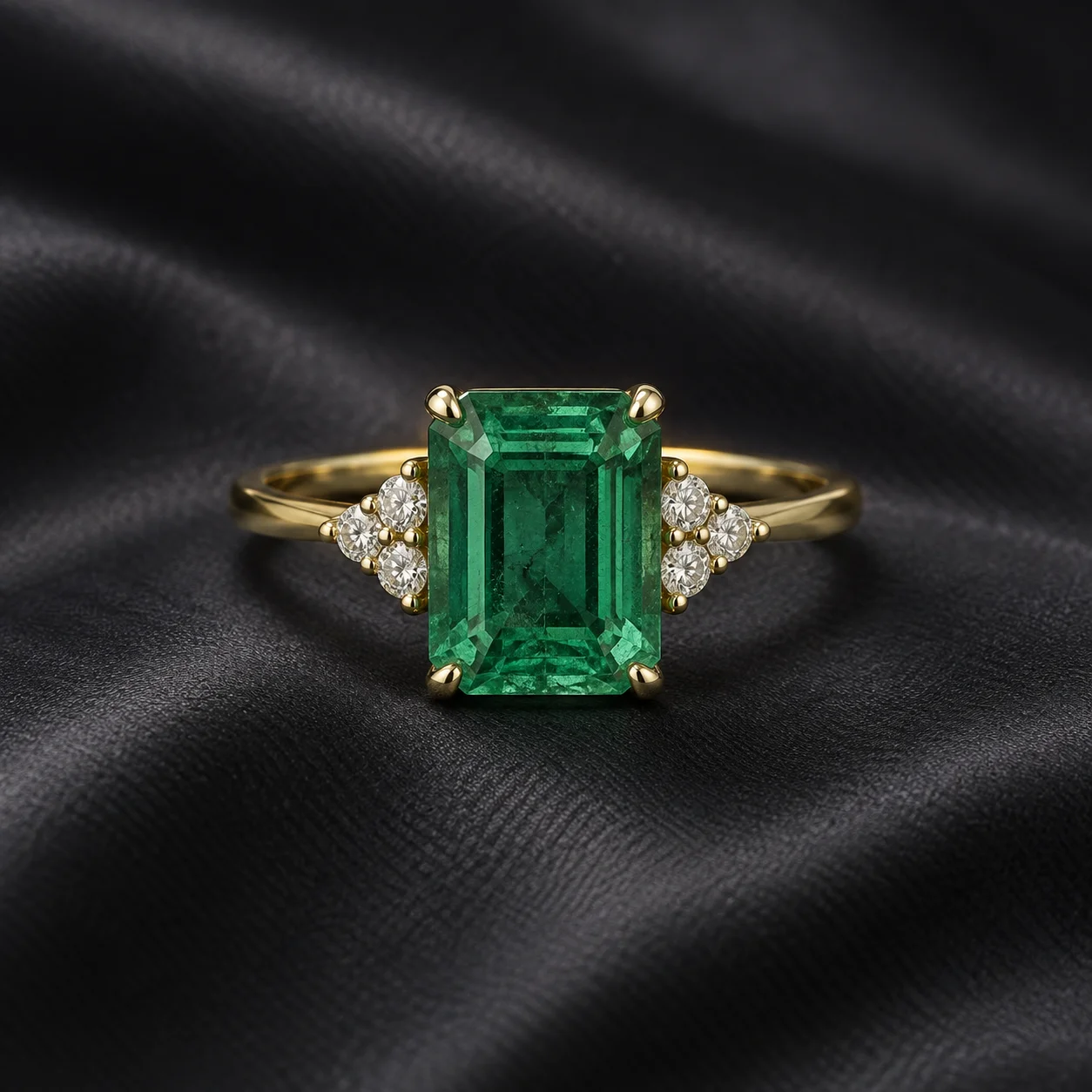 Large green gemstone ring with clear side stones