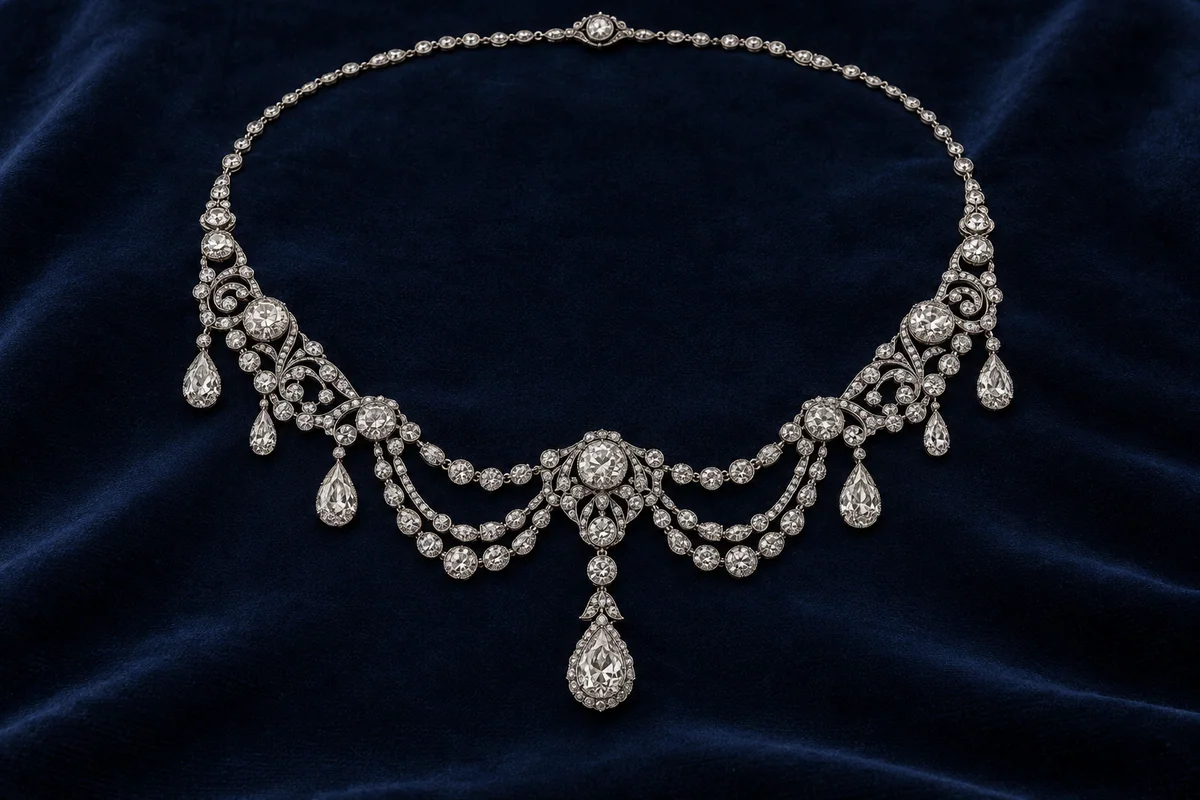 Illustration of an antique-style platinum festoon necklace with large diamond drops, filigree and scalloped swags