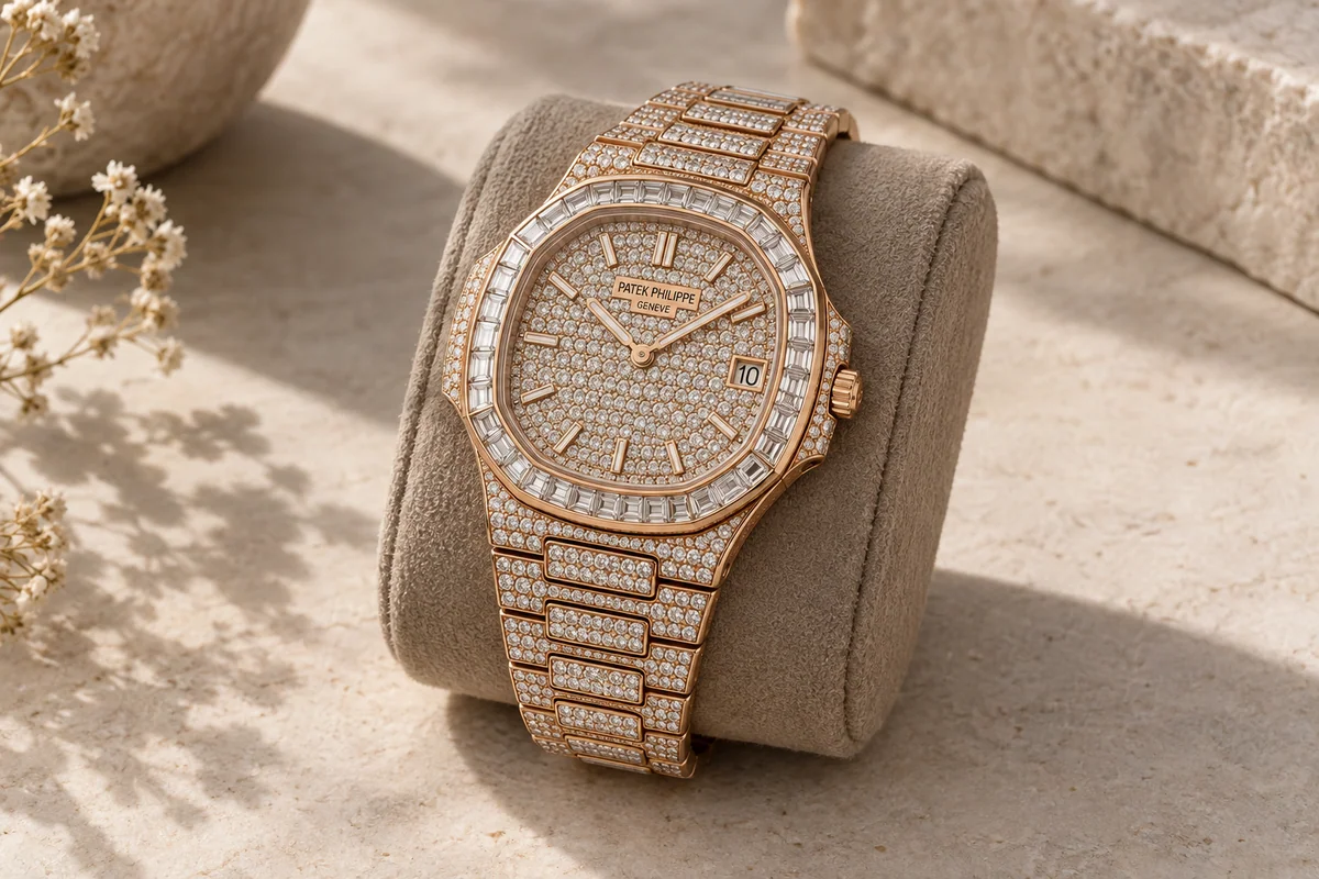 Illustration of an iced-out rose-gold Patek Philippe Nautilus with diamond-set dial and integrated bracelet on taupe suede