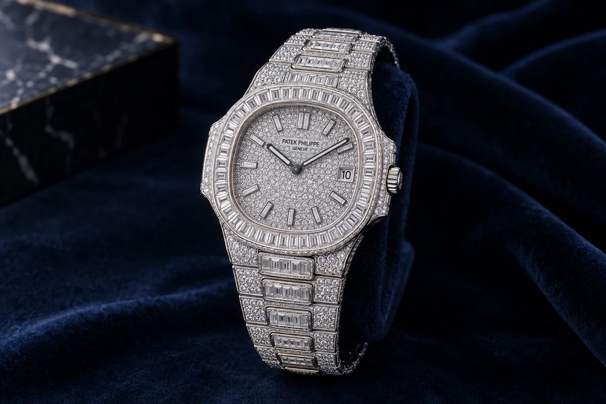 Illustration of a white-metal Patek Philippe Nautilus covered in baguette and round diamonds on navy velvet