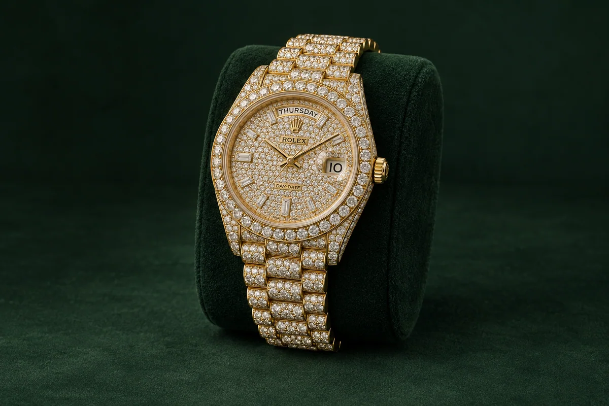 Illustration of an iced-out yellow-gold Rolex Day-Date with diamond-set dial, bezel and bracelet on green velvet