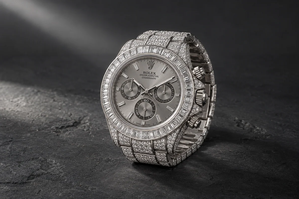 Illustration of a white-metal Rolex Daytona with a diamond-set bracelet, baguette bezel and three chronograph subdials