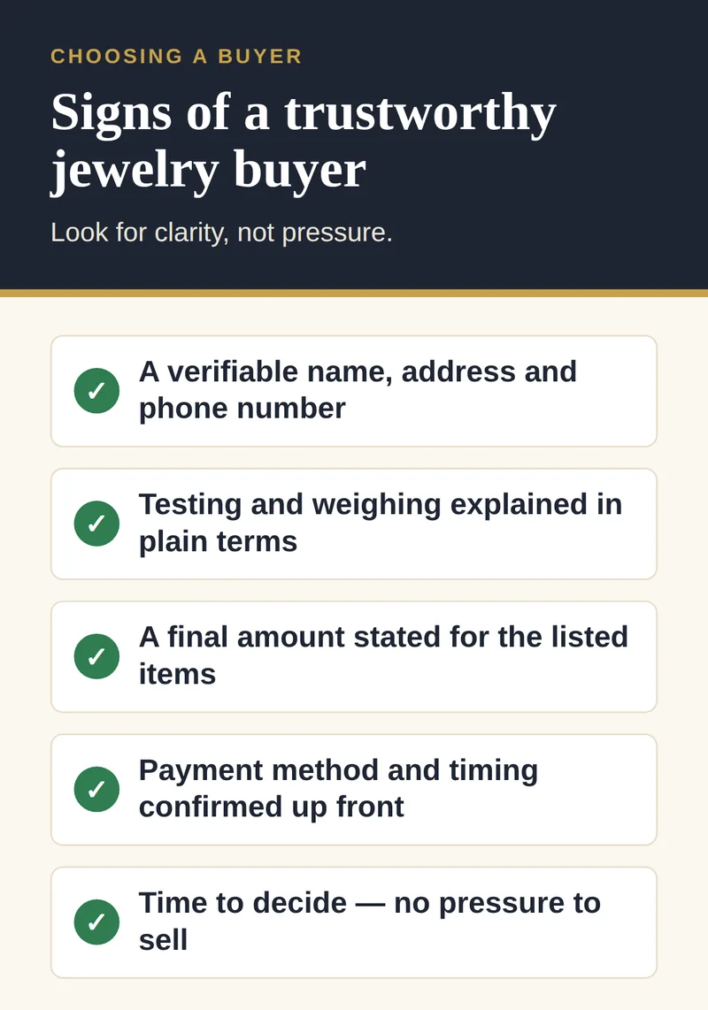 Checklist of signs of a trustworthy jewelry buyer: verifiable contact details, clear testing and weighing, a stated final amount, confirmed payment terms and no pressure to sell