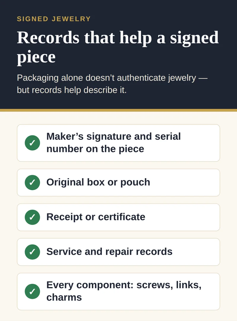 Checklist of records that help evaluate signed designer jewelry: signature and serial number, original box, receipt or certificate, service records and all components