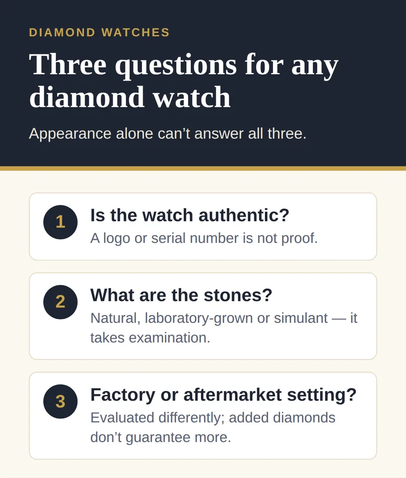 Three questions for any diamond watch: is the watch authentic, are the stones natural or laboratory-grown, and is the setting factory or aftermarket