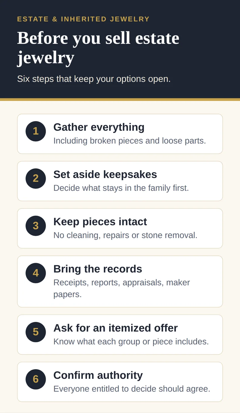 Six steps before selling estate jewelry: gather everything, set aside keepsakes, keep pieces intact, bring records, ask for an itemized offer and confirm authority to sell