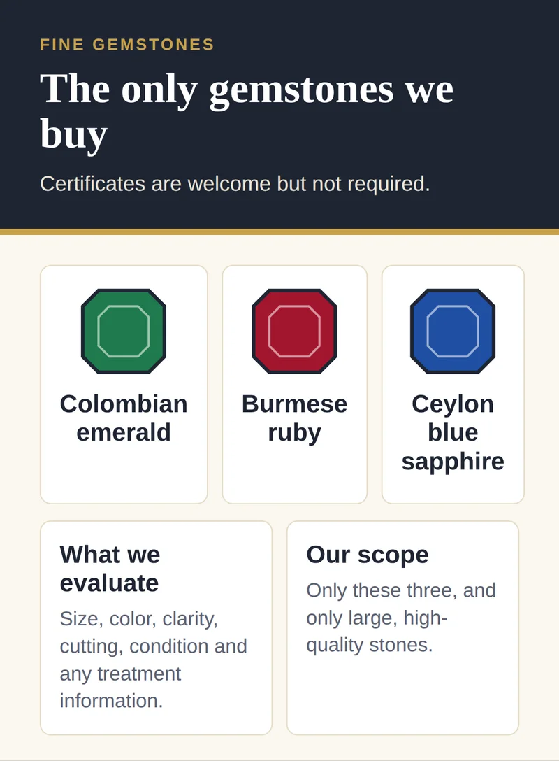 The only gemstones Cash 4 Gold and Diamonds buys: large, high-quality Colombian emeralds, Burmese rubies and Ceylon blue sapphires, evaluated on size, color, clarity, cutting and treatment