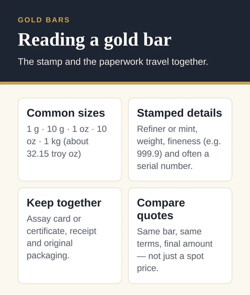 Gold bar basics: common sizes from 1 gram to 1 kilogram, stamped refiner, weight, fineness and serial number, and keeping the assay card and receipt with the bar