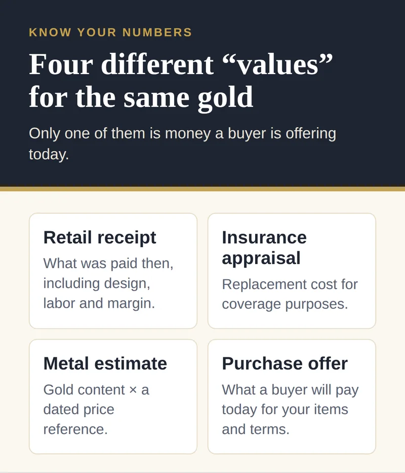 Four different gold values: a retail receipt, an insurance appraisal, a metal estimate and a purchase offer, only the last of which is money offered today