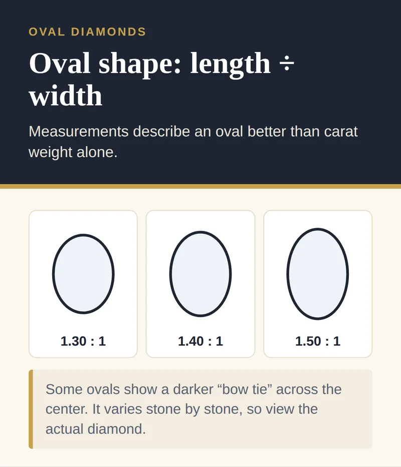 Three oval diamond outlines with length-to-width ratios of 1.30, 1.40 and 1.50, and a note about the bow-tie effect