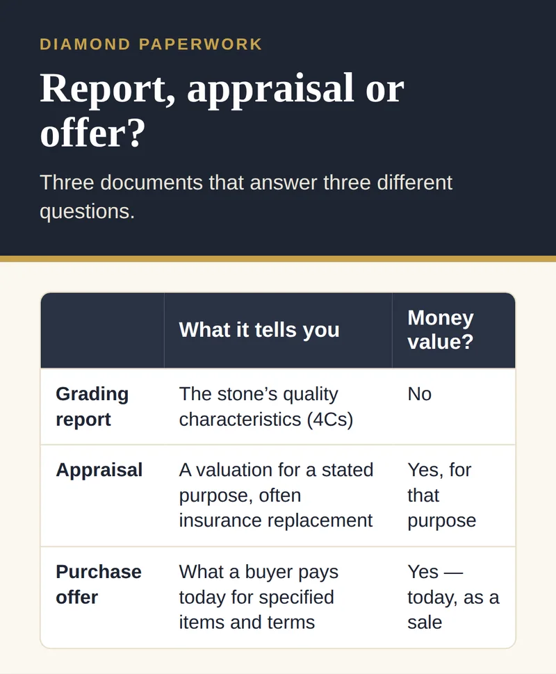 Table comparing a diamond grading report, an appraisal and a purchase offer: what each tells you and whether it states a money value