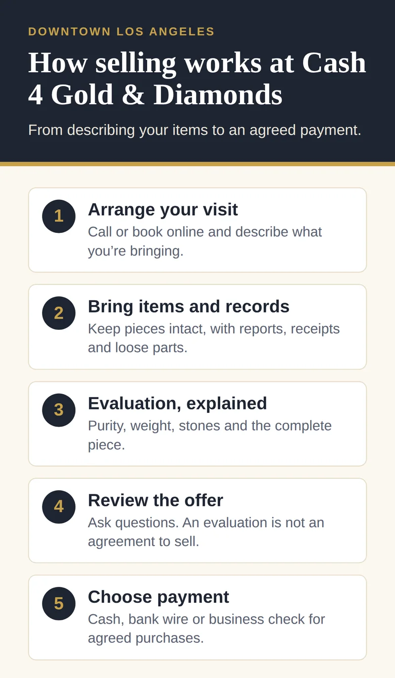 Five steps to selling at Cash 4 Gold and Diamonds: arrange a visit, bring items and records, evaluation explained, review the offer, choose cash, bank wire or business check