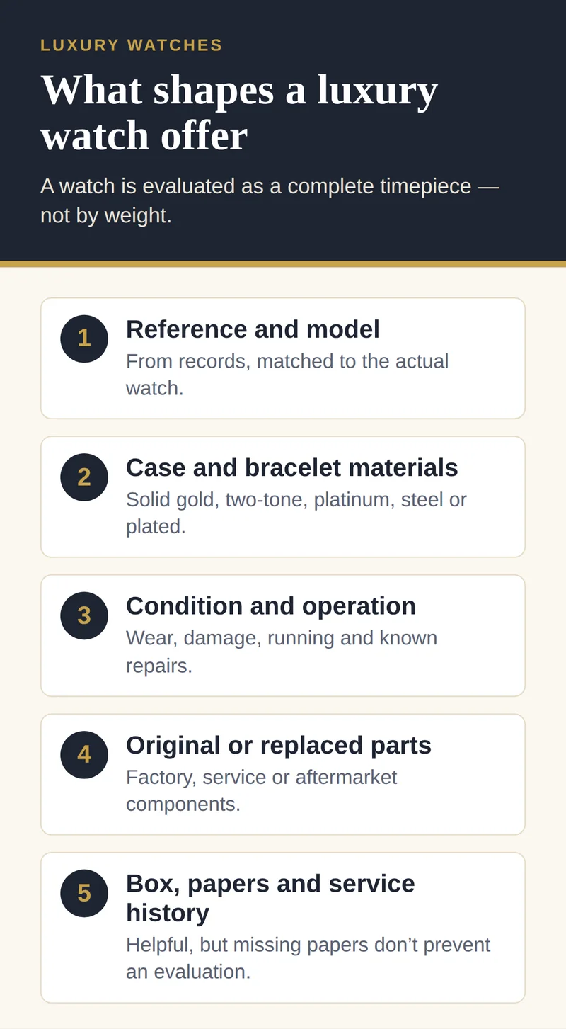 Five factors that shape a luxury watch offer: reference and model, case and bracelet materials, condition, original or replaced parts, and box, papers and service history
