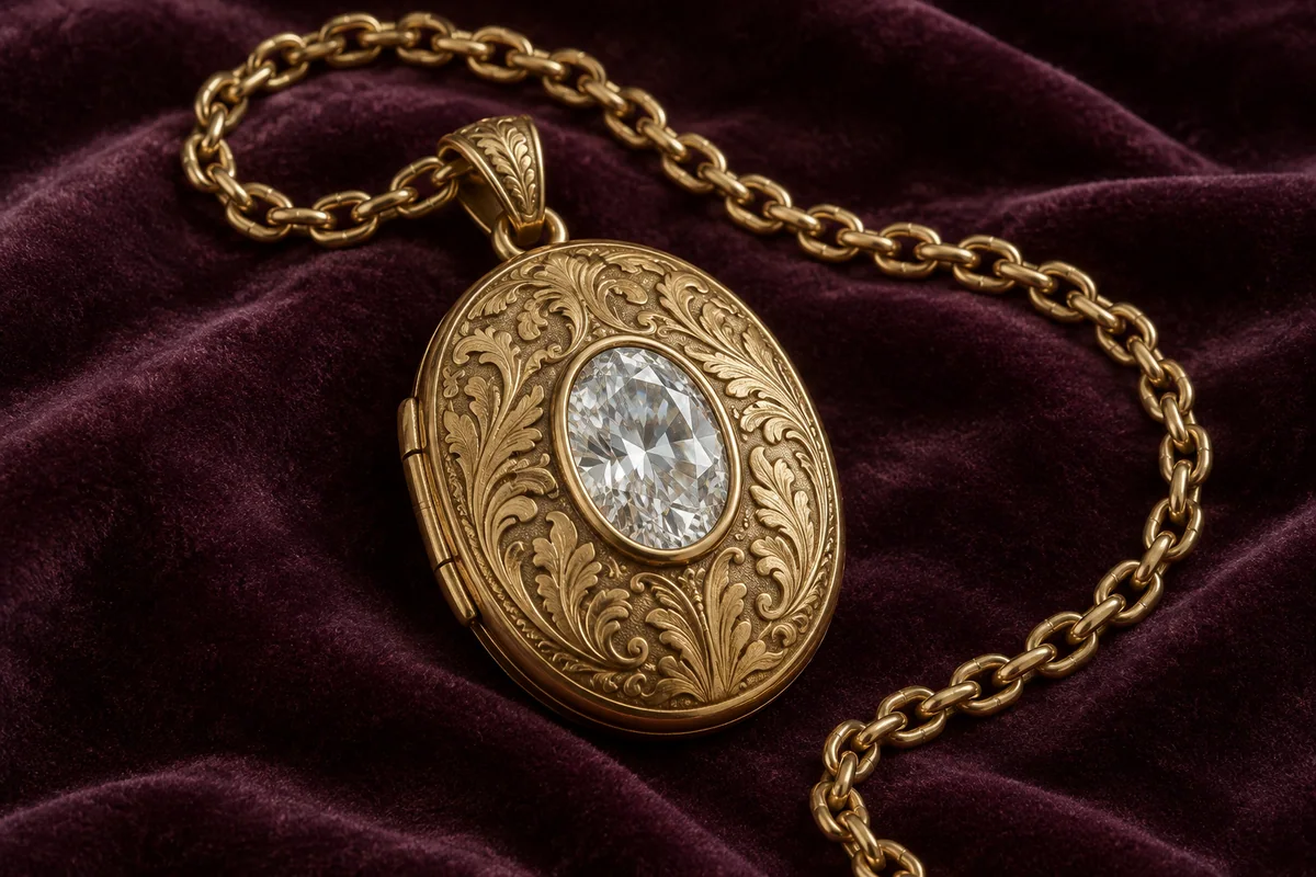 Heavy engraved yellow-gold locket with a large oval diamond on a substantial gold chain