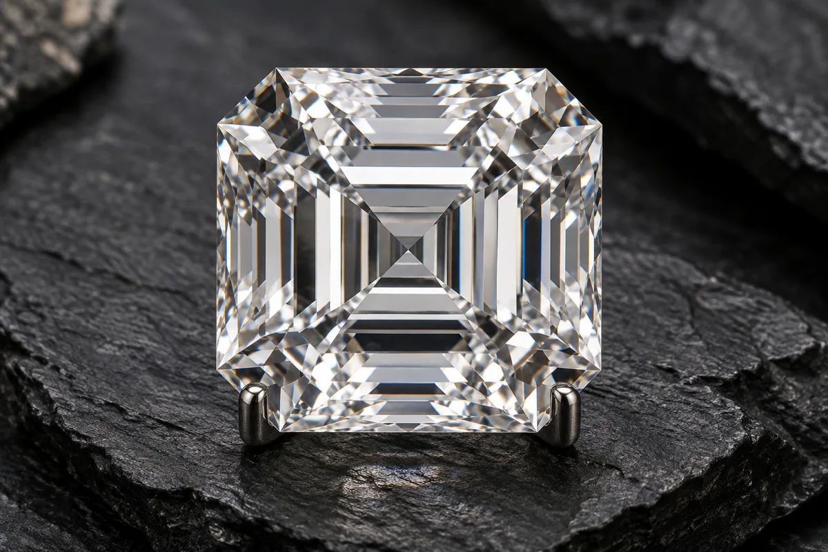Large step-cut polished diamond displayed upright on dark slate