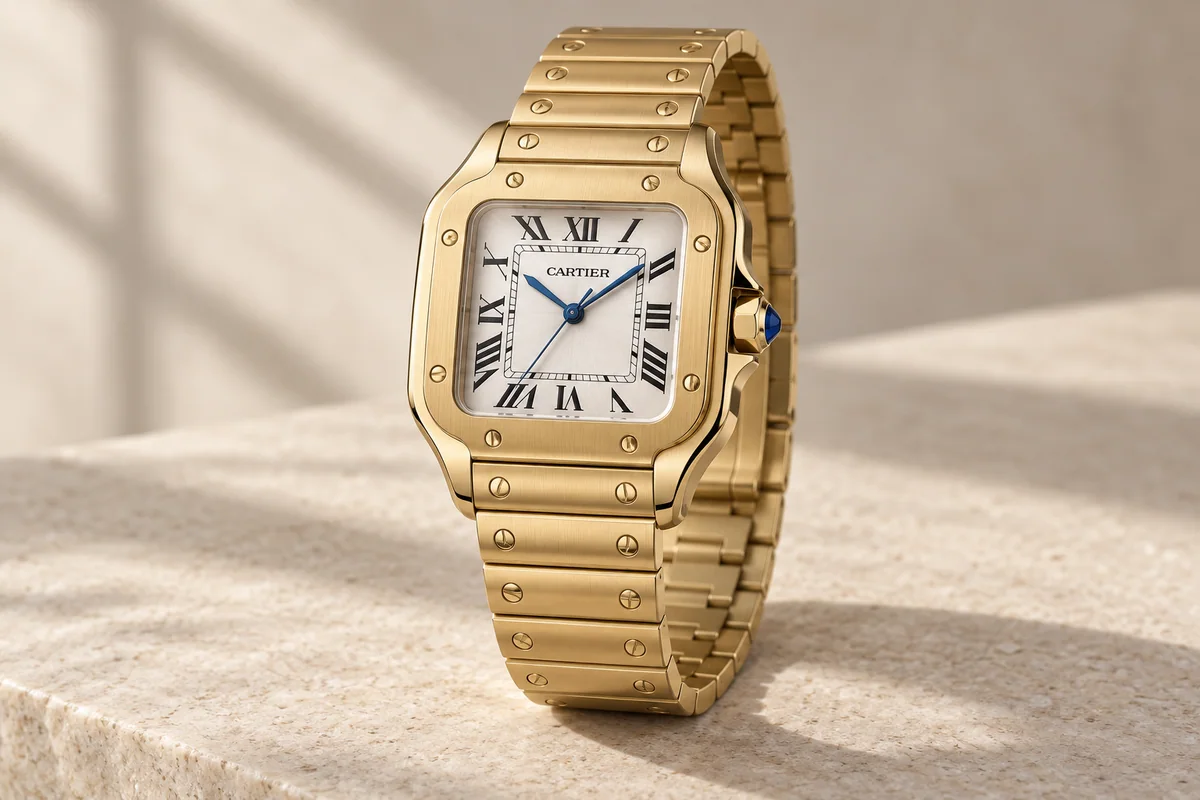 Yellow-gold Cartier Santos-style watch with a white Roman-numeral dial