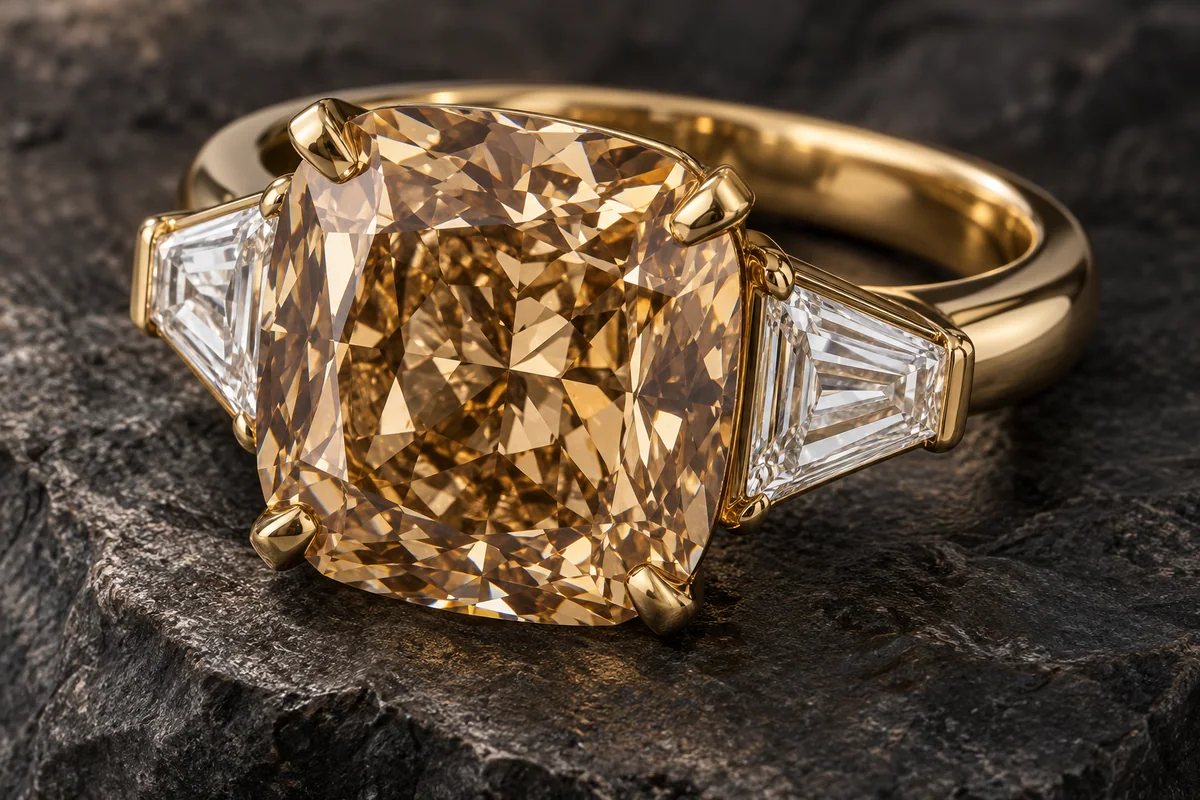Champagne-colored cushion diamond and clear side stones in a heavy gold ring