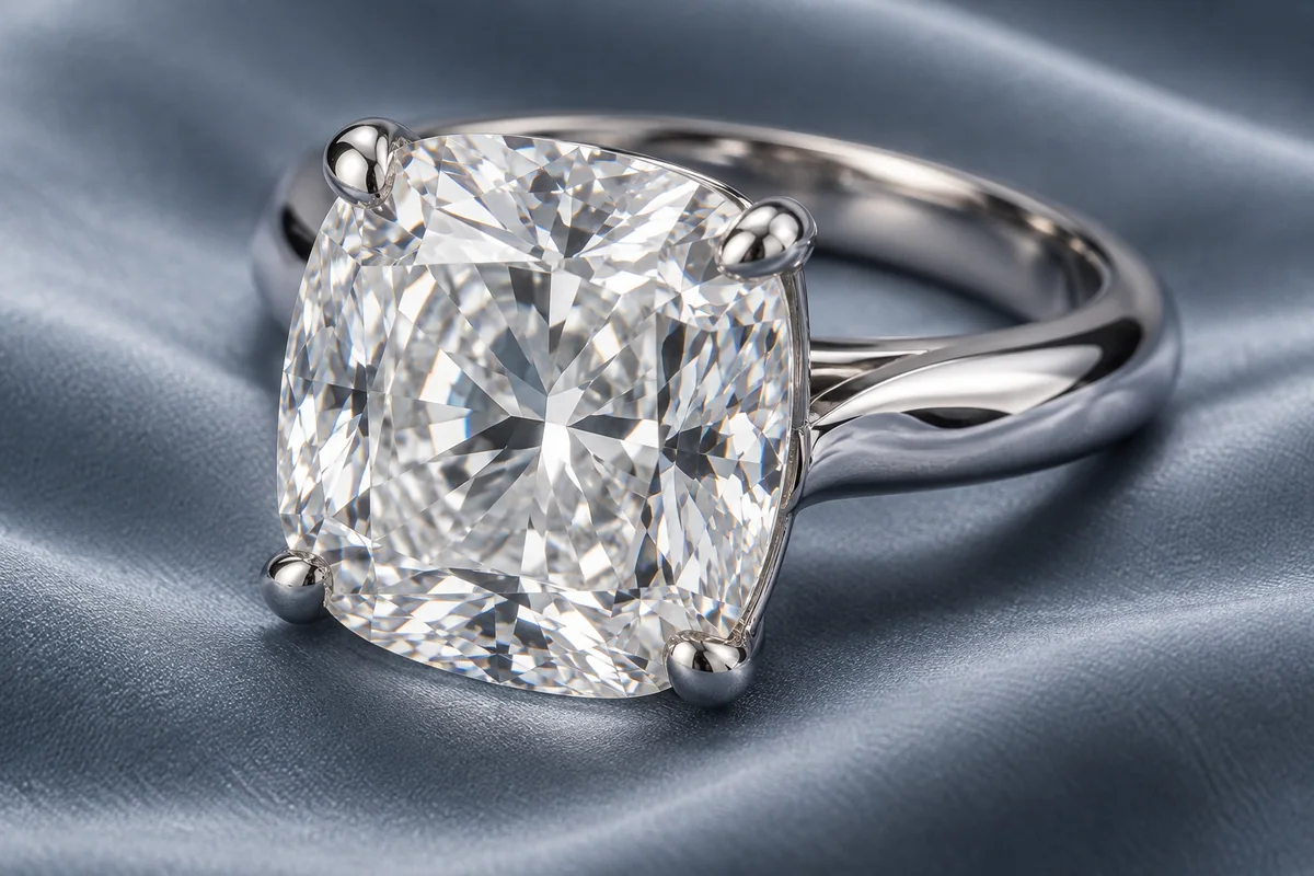 Large cushion-cut diamond solitaire in a polished white-metal ring