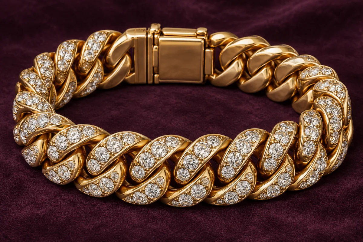 Heavy yellow-gold Cuban bracelet with prominent diamond-set links