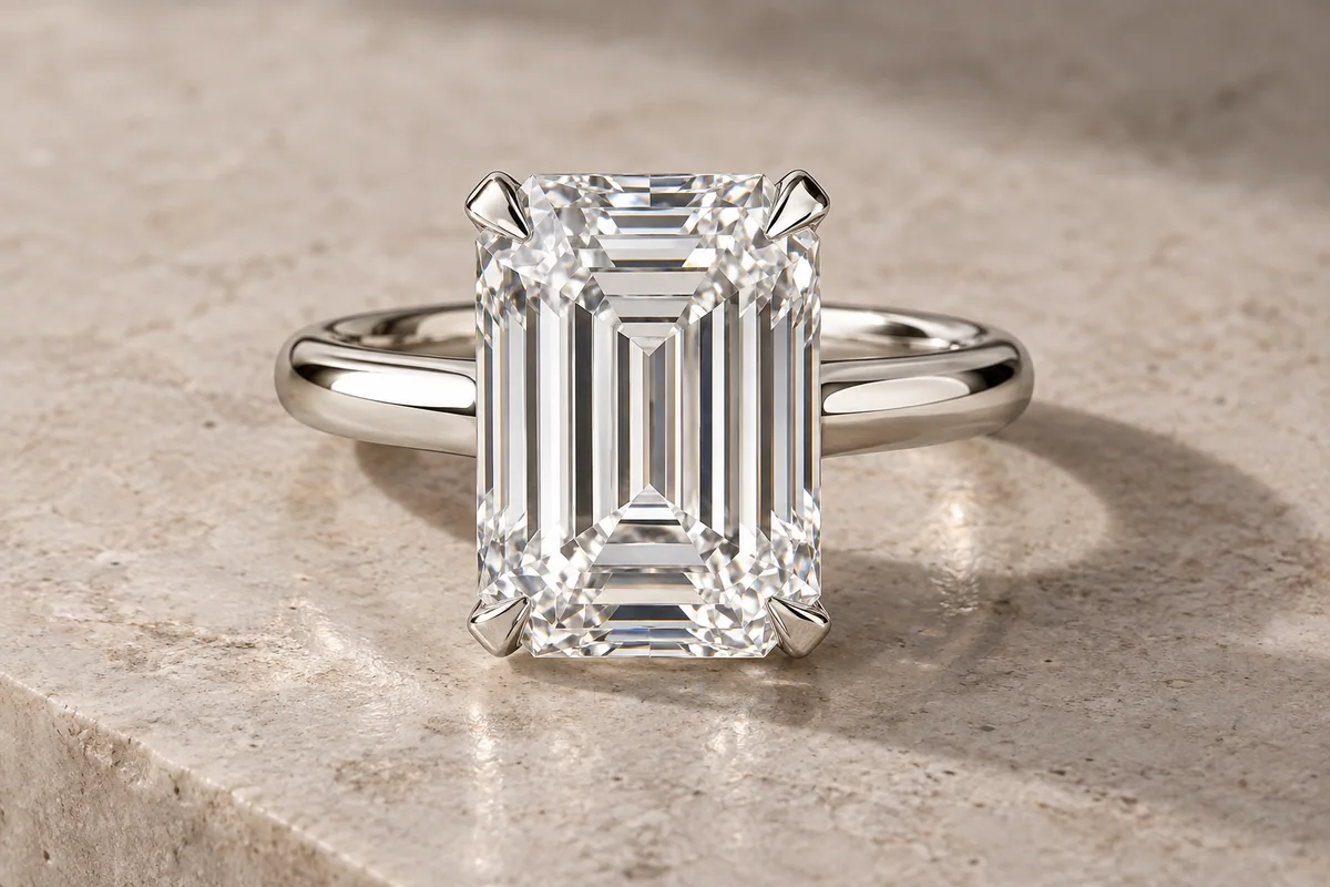 Emerald-cut diamond solitaire in a platinum-style ring on pale stone
