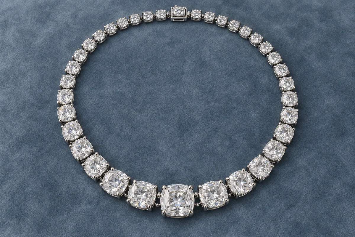Substantial platinum rivière necklace of large graduated cushion-cut diamonds on slate velvet