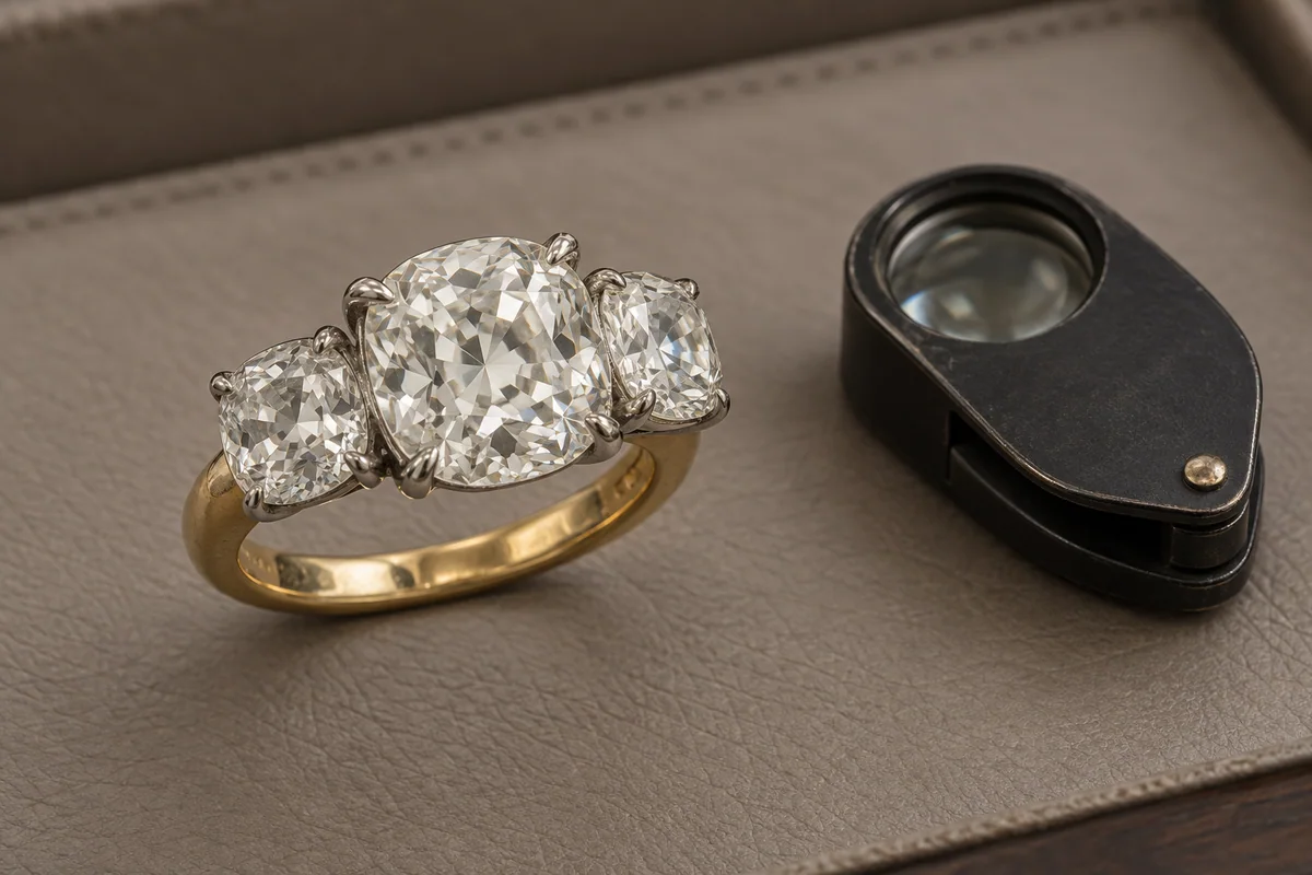 A substantial three-stone diamond ring beside a closed jeweler's loupe on a warm gray evaluation pad