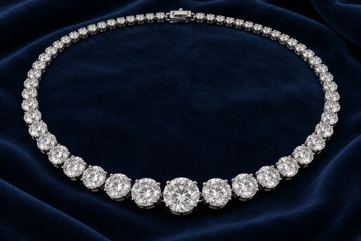 Graduated necklace with substantial round diamonds on navy velvet