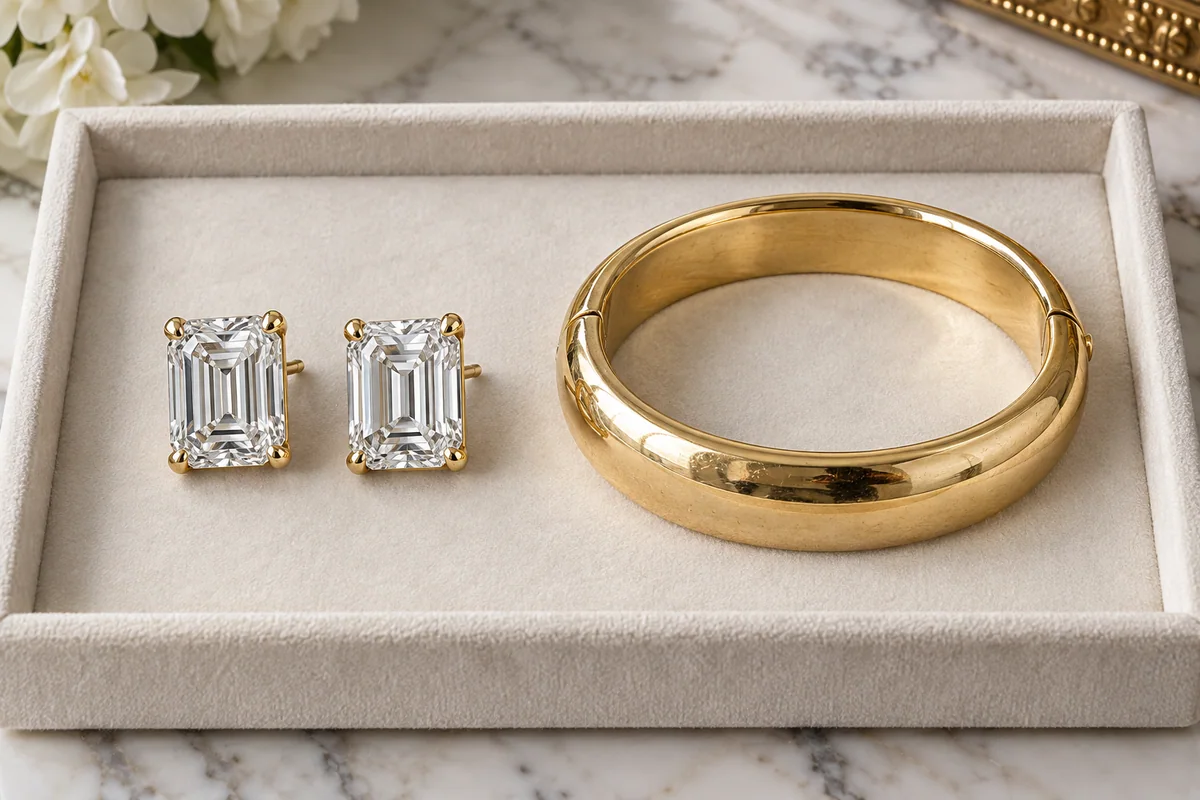 Large emerald-cut diamond stud earrings and a heavy yellow-gold bangle arranged separately in an ivory jewelry tray