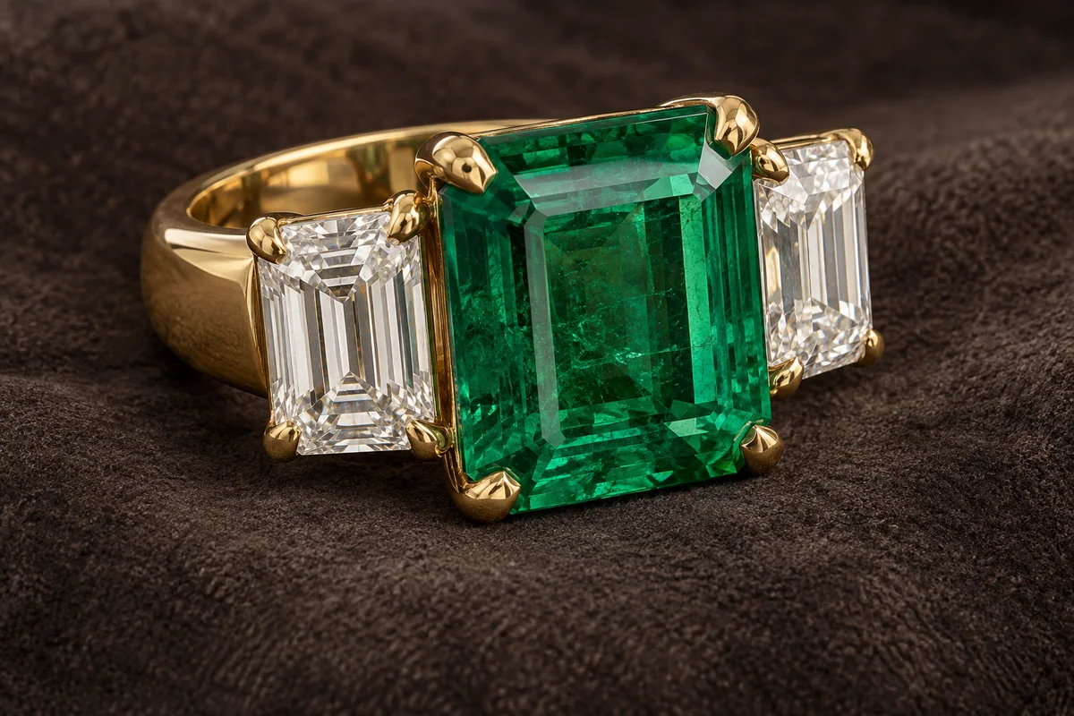 Large emerald-cut green gemstone and two broad emerald-cut diamonds in a substantial yellow-gold ring