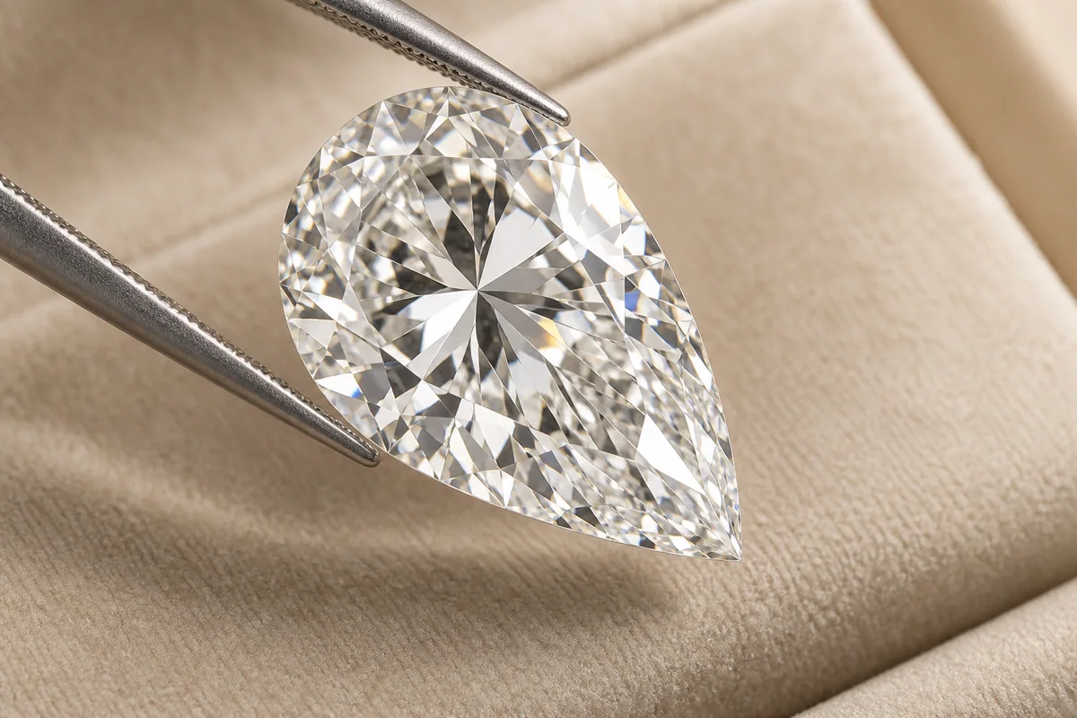 Large pear-cut polished diamond held in jeweler tweezers over ivory suede
