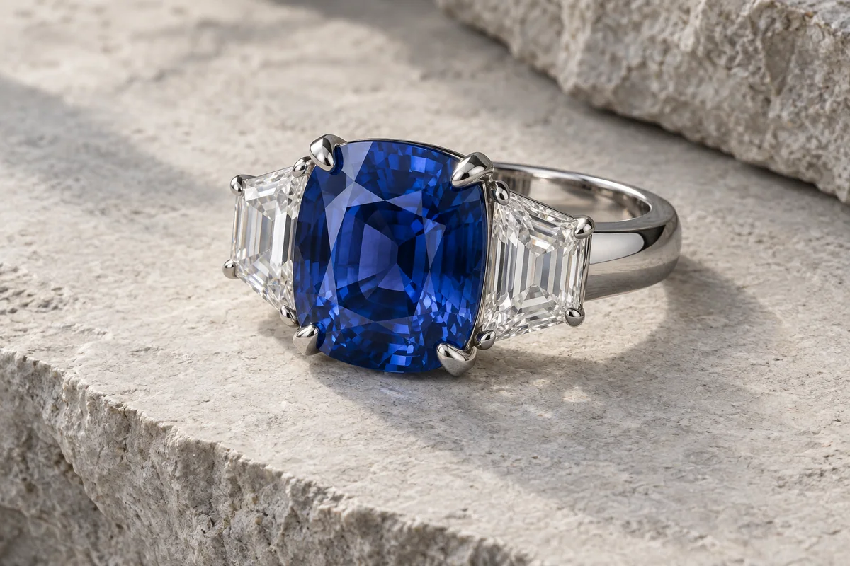 Large cushion-cut blue sapphire between two substantial trapezoid diamonds in a platinum ring
