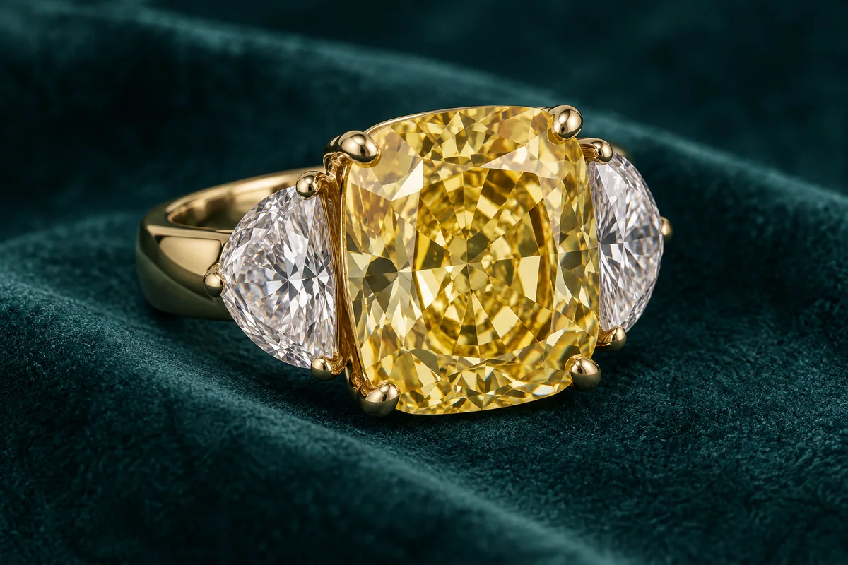 Substantial yellow-gold ring with a large cushion-cut yellow diamond and two large colorless diamond side stones