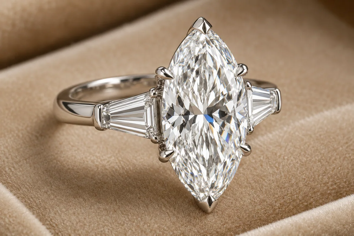 Substantial marquise diamond ring with tapered baguette side stones