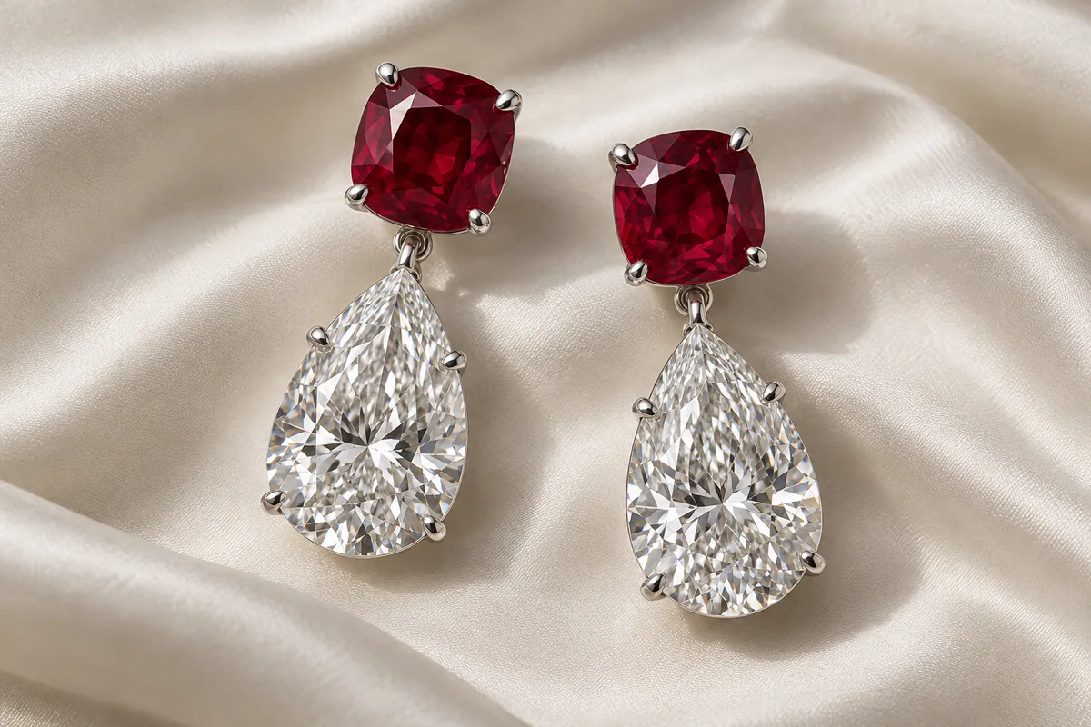 A pair of substantial ruby and large pear-shaped diamond drop earrings on ivory silk