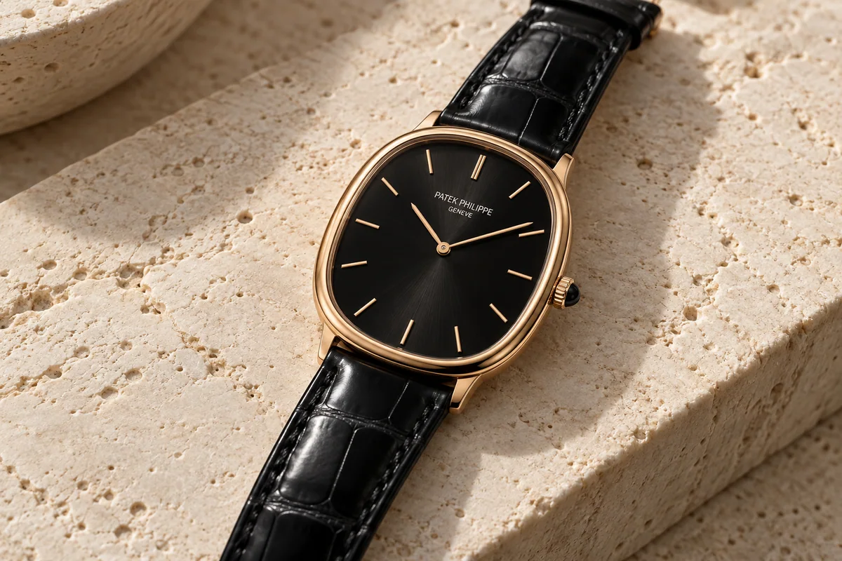 Rose-gold Patek Philippe Golden Ellipse-style watch with a black dial and black leather strap