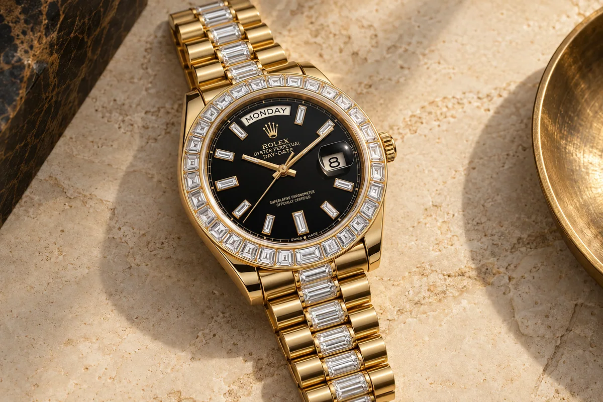 Yellow-gold Rolex Day-Date-style watch with a black dial and a broad baguette-diamond bezel