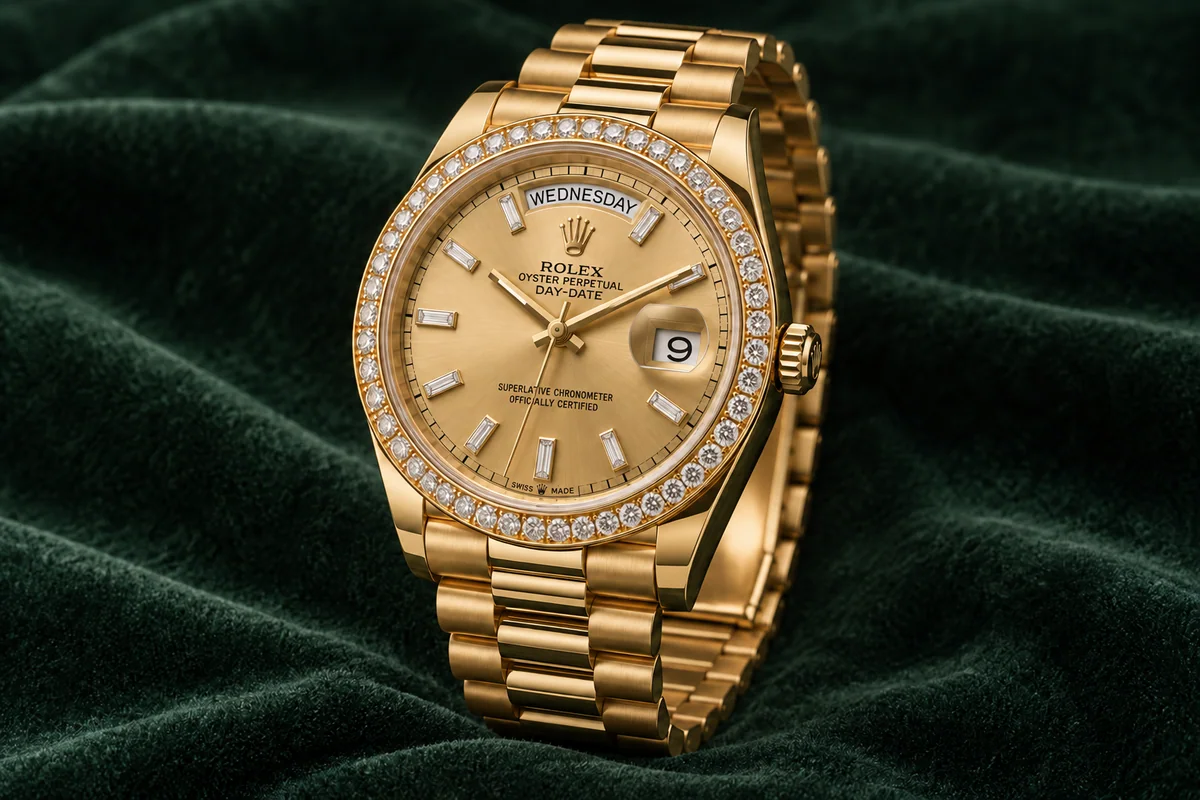 Yellow-gold Rolex Day-Date-style watch with a champagne dial and diamond bezel