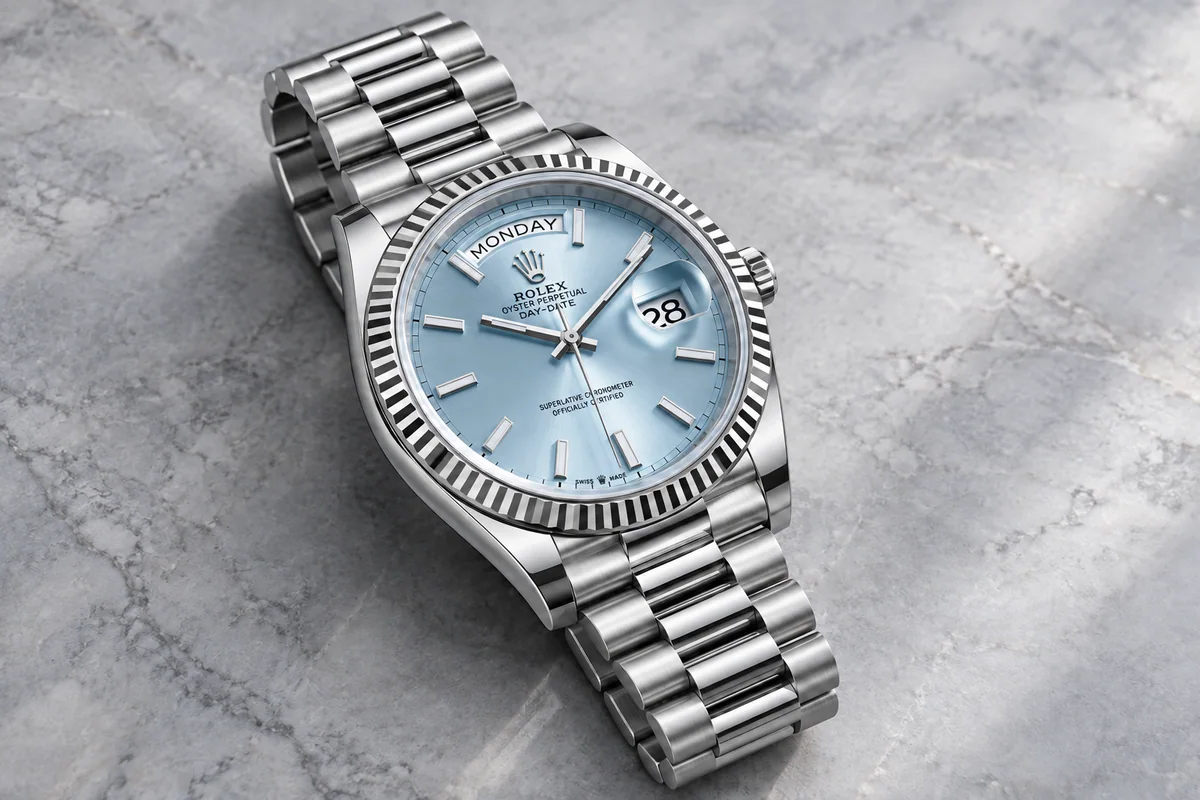 Platinum Rolex Day-Date-style watch with an ice-blue dial and President-style bracelet