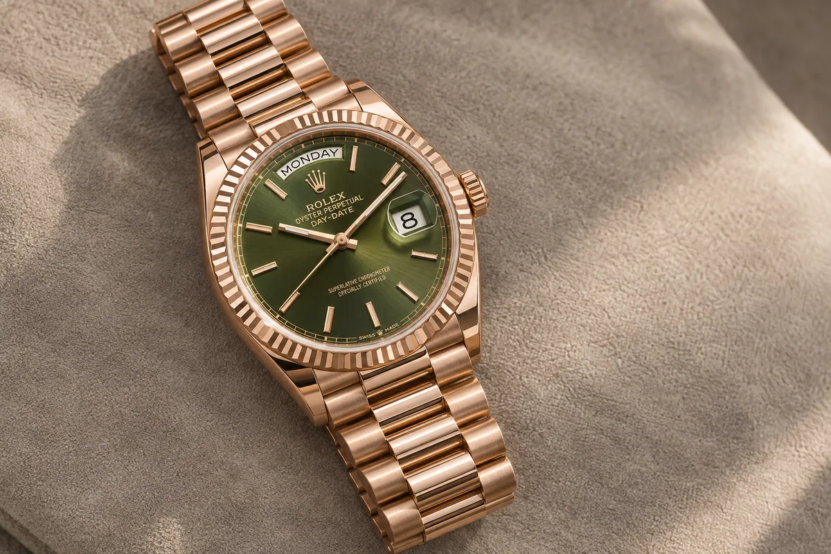 Rose-gold Rolex Day-Date-style watch with an olive dial and President bracelet on pale suede