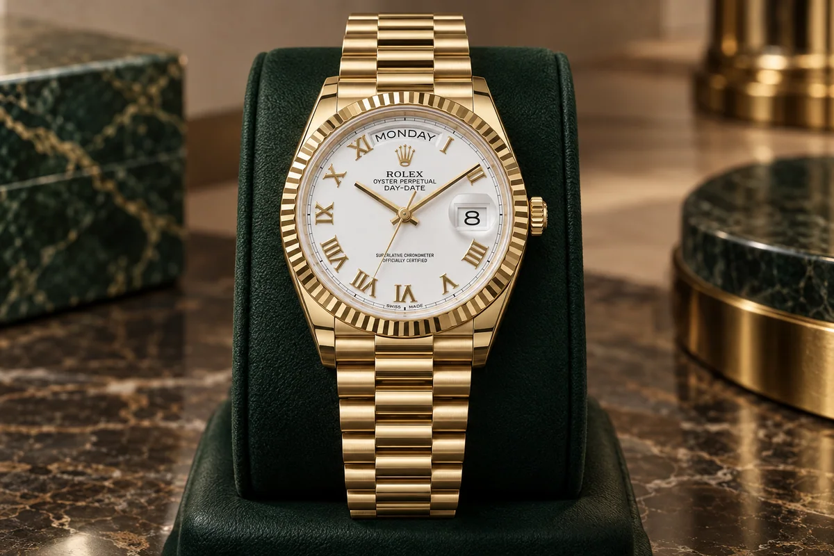 Yellow-gold Rolex Day-Date-style watch with a white Roman-numeral dial on green leather