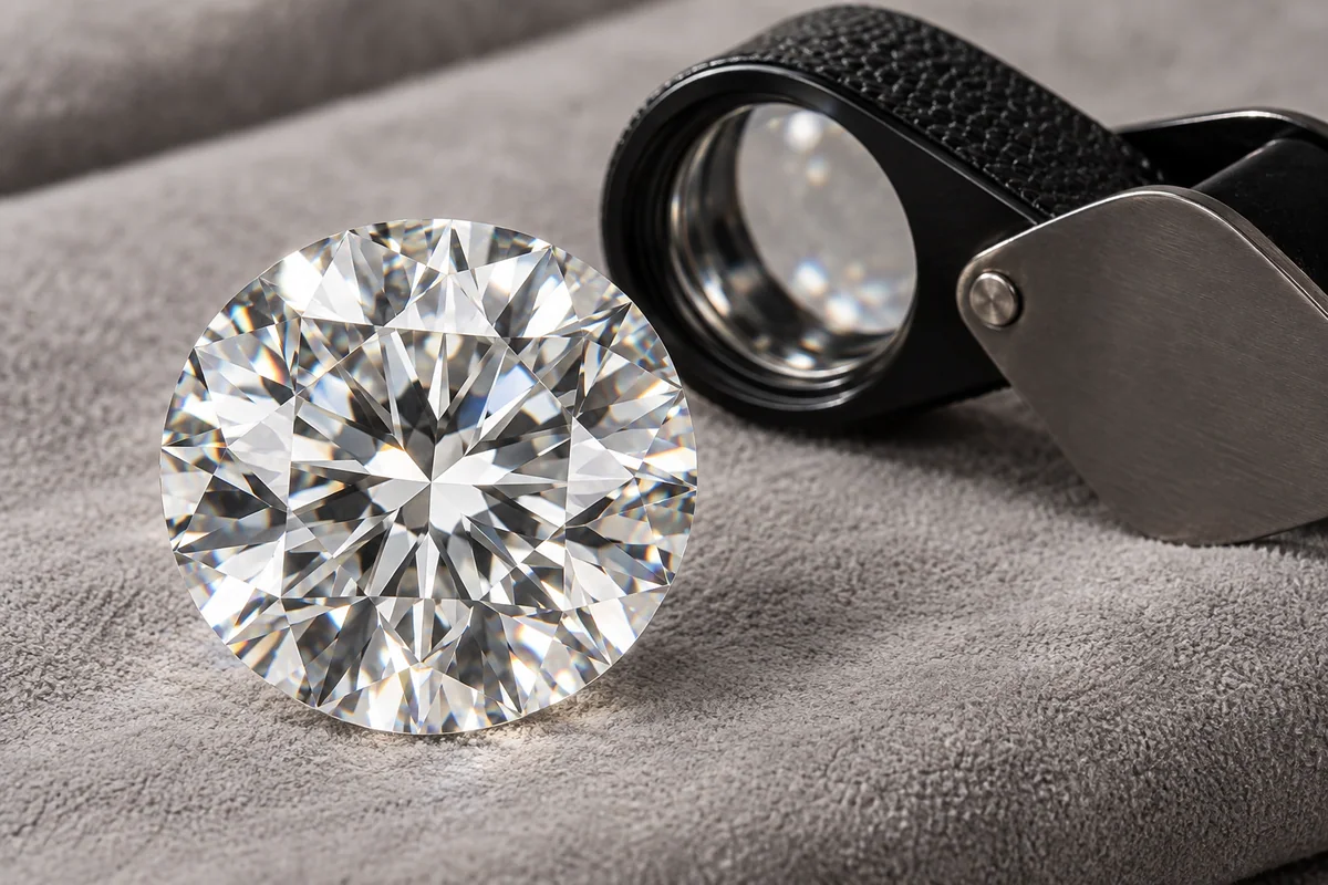 Large round brilliant diamond beside a black jeweler loupe on a gray surface