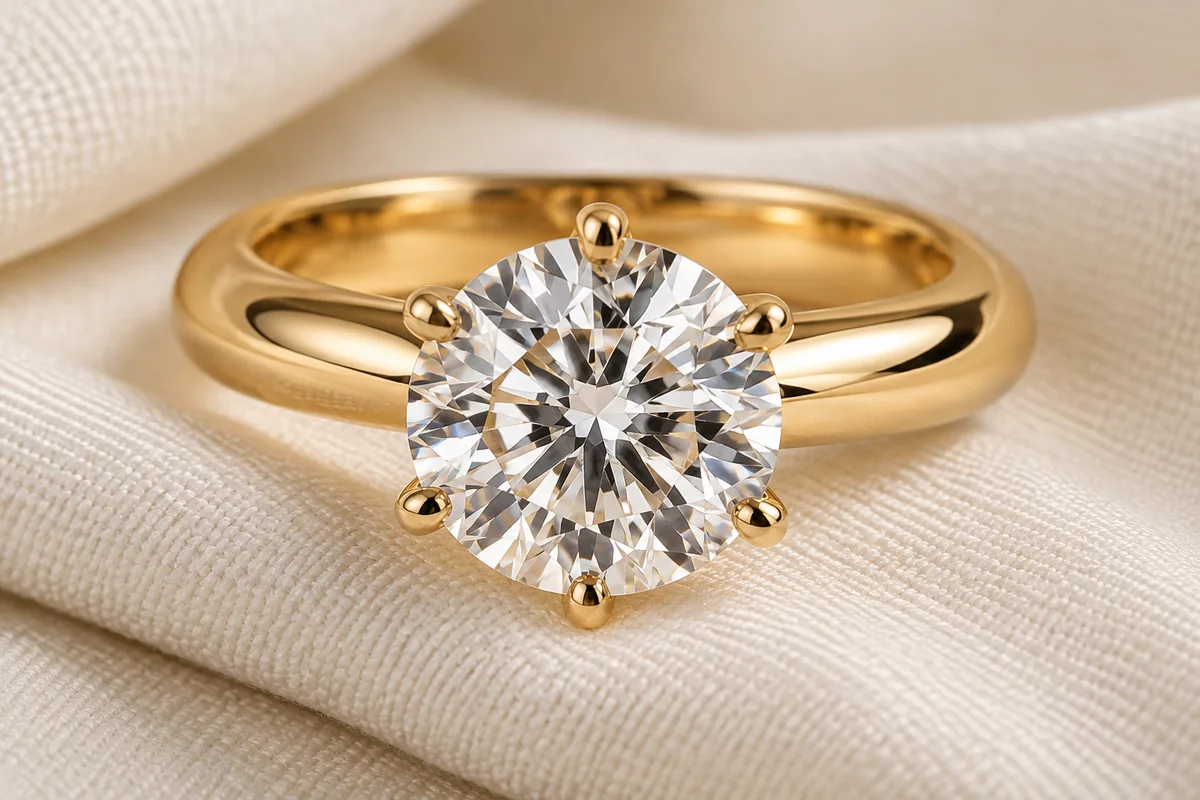 Round diamond solitaire in a yellow-gold six-prong ring on ivory cloth