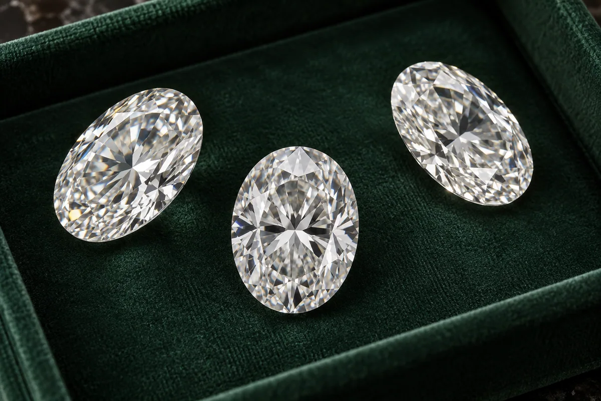 Three large oval polished diamonds arranged in a green jewelry tray