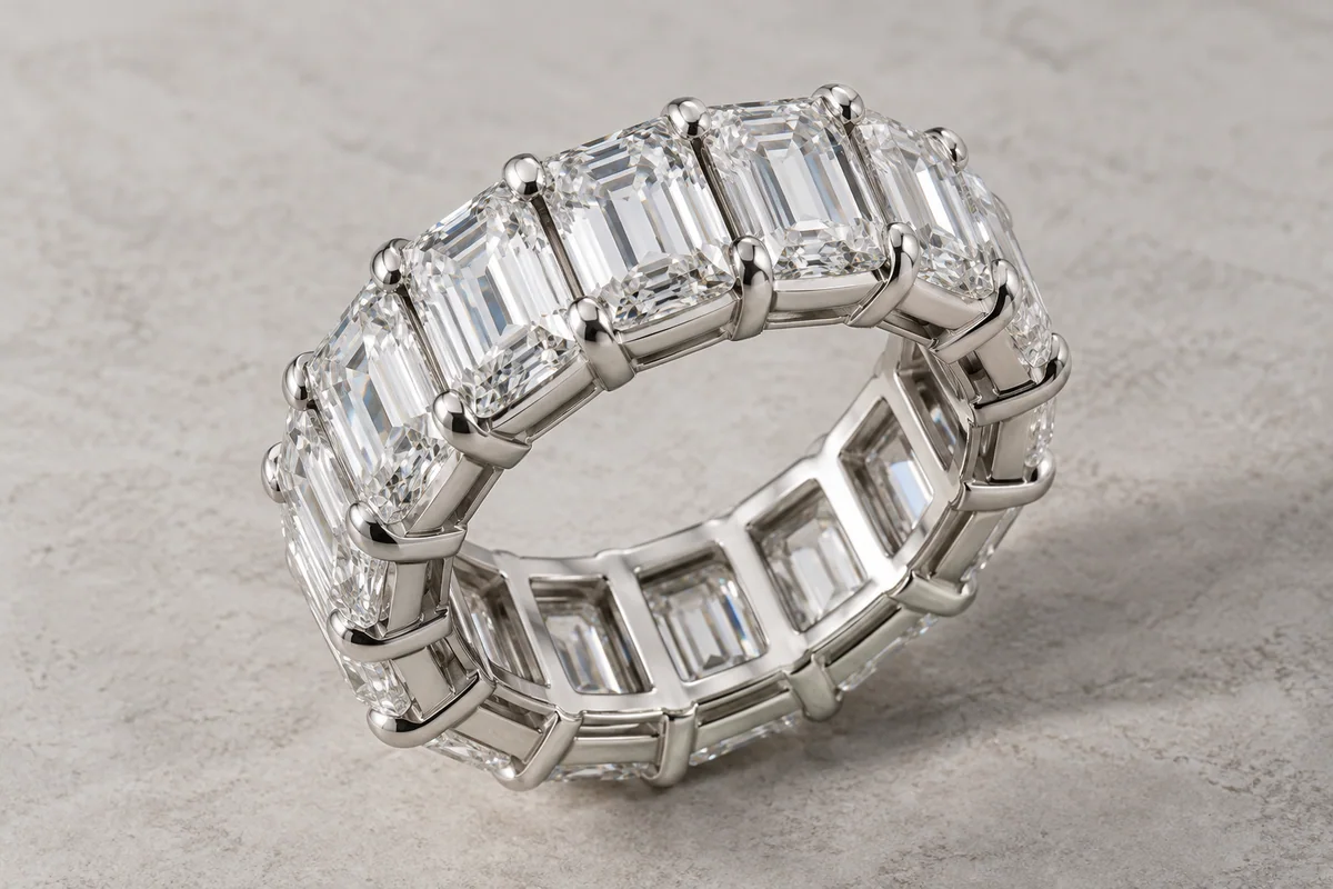 Substantial platinum eternity band with large emerald-cut diamonds