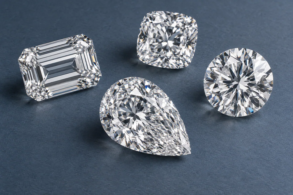 Large pear, emerald-cut, round and cushion-cut polished diamonds on slate-blue paper