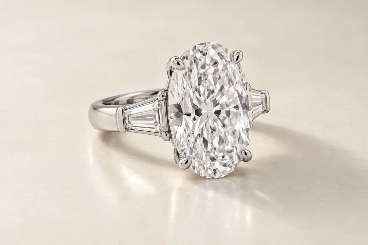 Large oval diamond in a platinum ring with tapered baguette side stones